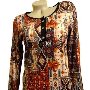 NEW! GORGEOUS WOMEN SUPER SOFT LONG SLEEVES GEOMETRIC PRINT ETHNIC HENLEY SZ S